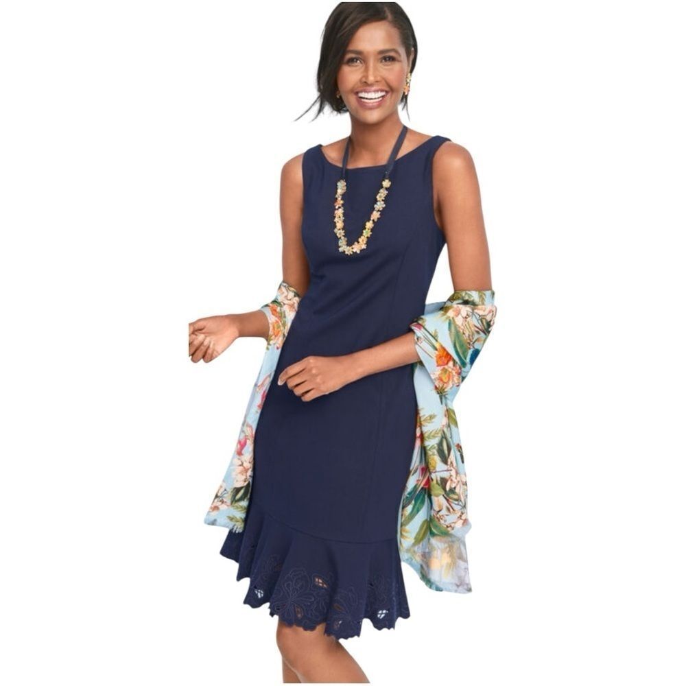 Talbots Navy Blue Ponte Sleeveless Embroidered Sheath Dress
